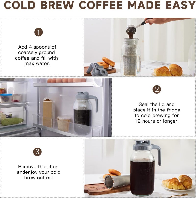 Xylanor Cold Brew Coffee Maker Pitcher, 64 OZ Heavy Duty Glass Wide Mouth Mason Jar Pour Spout Airtight Lid with Stainless Steel Infuser Filter for Iced Coffee, Ice Tea, Brewed Making - Image 2